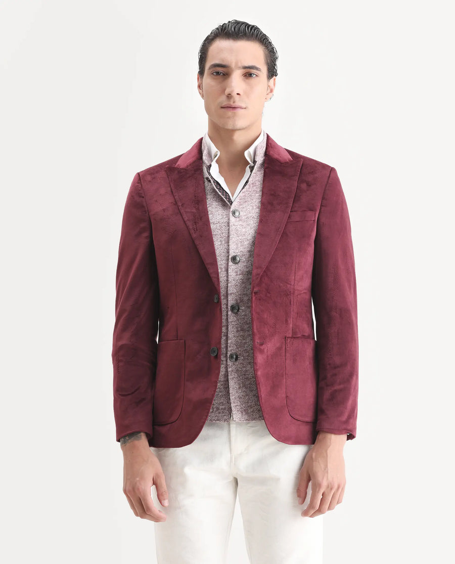 Rare Rabbit Men's Mazey Maroon Velvet Plain Tailored Fit Full Sleeve Lapel Neck Blazer