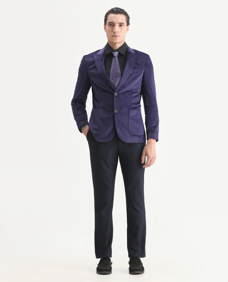 Rare Rabbit Men's Mazey Purple Velvet Plain Tailored Fit Full Sleeve Lapel Neck Blazer