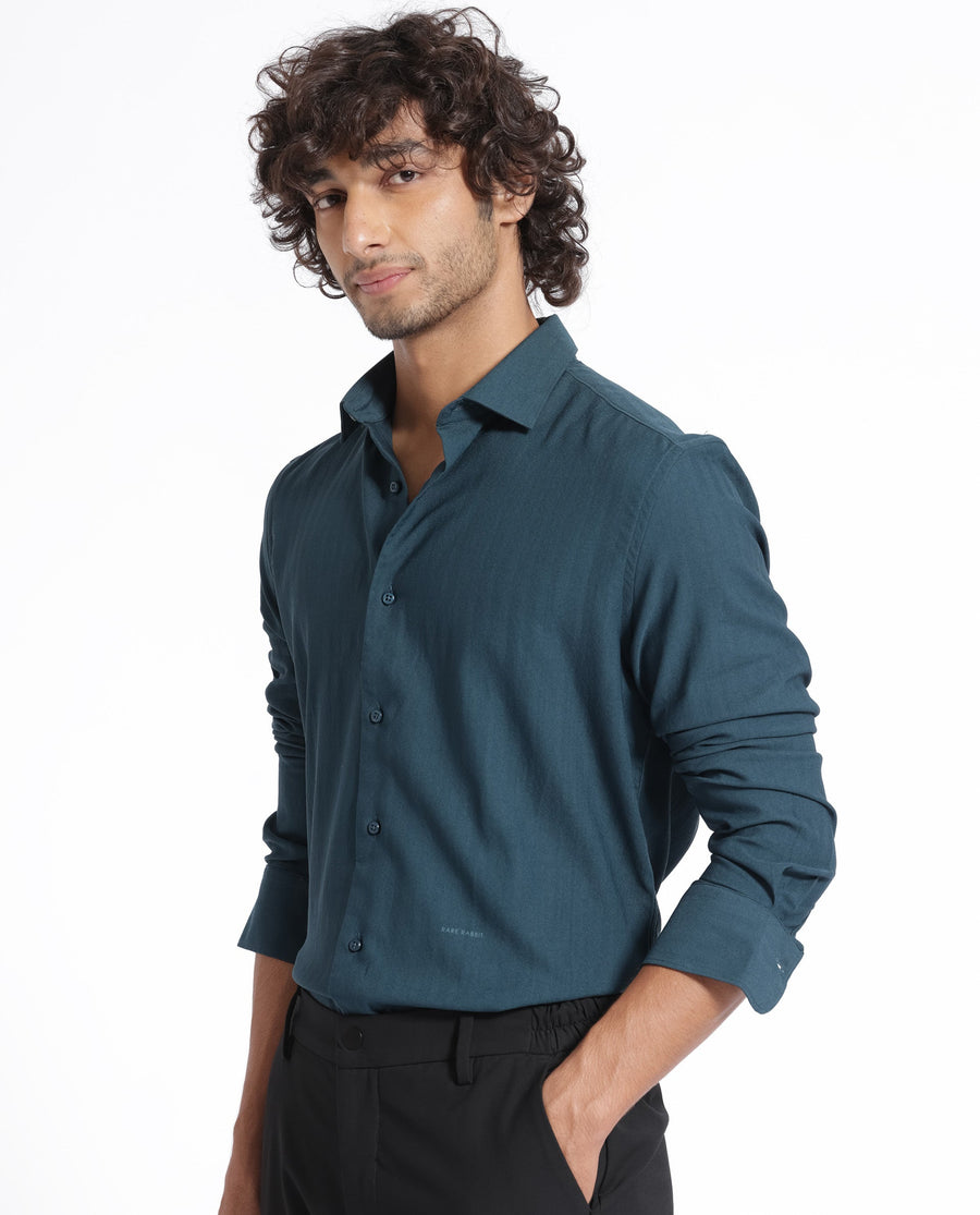 Rare Rabbit Men's Me Green Polyester Plain Regular Fit Full Sleeve Collared Shirt