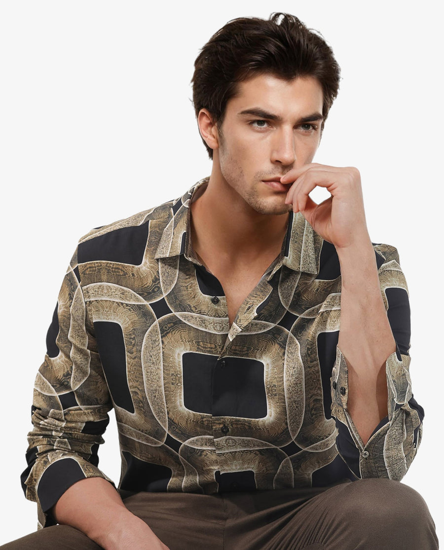 Rare Rabbit Men's Mecro Ls Mustard Viscose Abstract Print Regular Fit Full Sleeve Collared Shirt