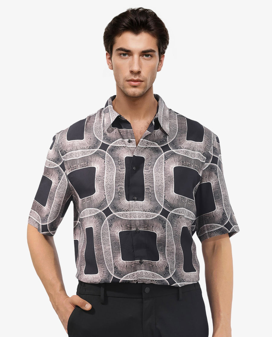 Rare Rabbit Men's Mecro Ss Brown Viscose Abstract Print Boxy Fit Half Sleeve Collared Shirt