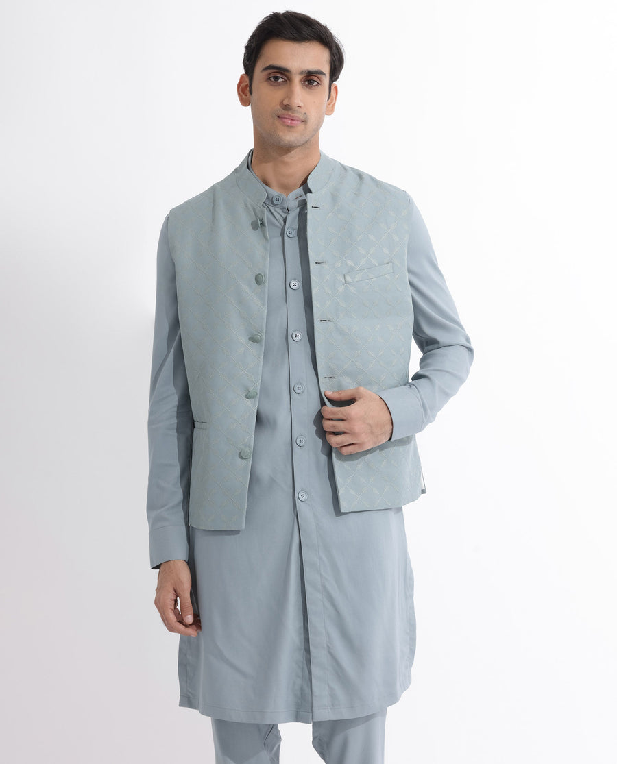 Rare Rabbit Men's Medob Dusky Green Viscose Embroidered Tailored Fit Sleeveless Mandarin Collar Bandhgala Rare Rabbit Men's Lasmos-B1 Beige Viscose Embroidered Regular Fit Sleeveless Mandarin Collar Bandhgala Nehru Jacket
