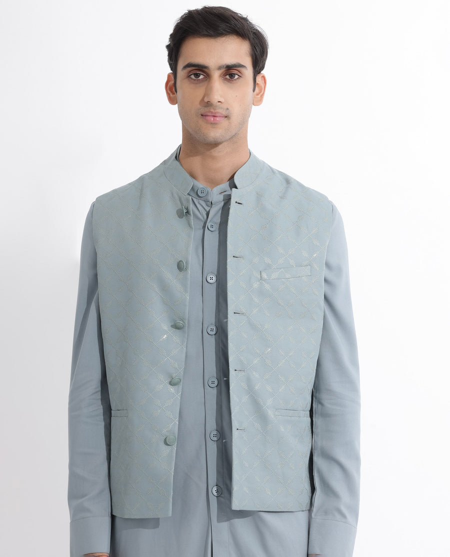 Rare Rabbit Men's Medob Dusky Green Viscose Embroidered Tailored Fit Sleeveless Mandarin Collar Bandhgala Rare Rabbit Men's Lasmos-B1 Beige Viscose Embroidered Regular Fit Sleeveless Mandarin Collar Bandhgala Nehru Jacket