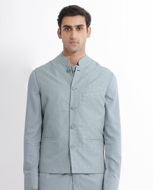 Rare Rabbit Men's Medob Dusky Green Viscose Embroidered Tailored Fit Sleeveless Mandarin Collar Bandhgala Rare Rabbit Men's Lasmos-B1 Beige Viscose Embroidered Regular Fit Sleeveless Mandarin Collar Bandhgala Nehru Jacket