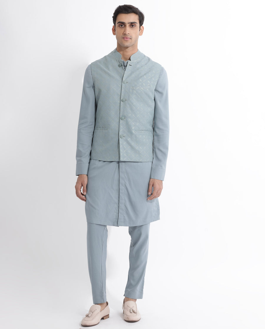 Rare Rabbit Men's Medob Dusky Green Viscose Embroidered Tailored Fit Sleeveless Mandarin Collar Bandhgala Rare Rabbit Men's Lasmos-B1 Beige Viscose Embroidered Regular Fit Sleeveless Mandarin Collar Bandhgala Nehru Jacket