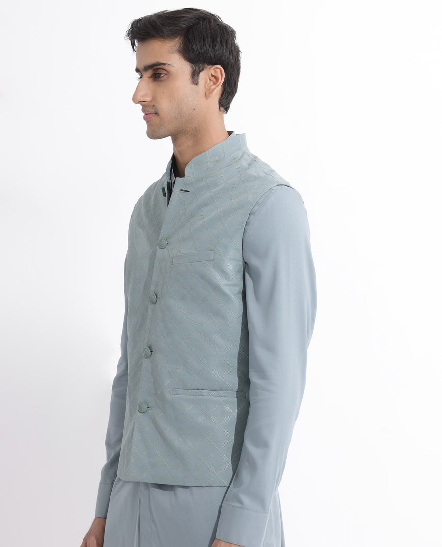 Rare Rabbit Men's Medob Dusky Green Viscose Embroidered Tailored Fit Sleeveless Mandarin Collar Bandhgala Rare Rabbit Men's Lasmos-B1 Beige Viscose Embroidered Regular Fit Sleeveless Mandarin Collar Bandhgala Nehru Jacket