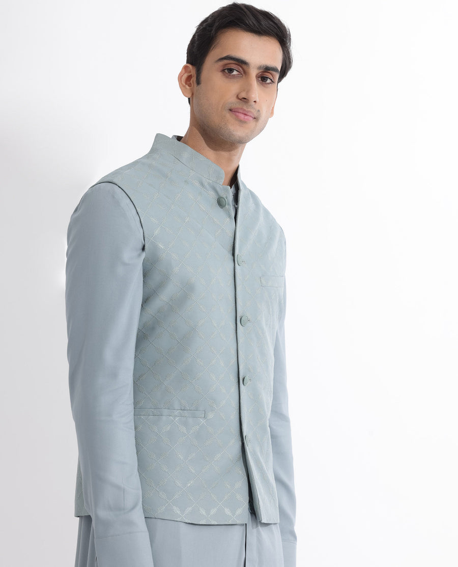 Rare Rabbit Men's Medob Dusky Green Viscose Embroidered Tailored Fit Sleeveless Mandarin Collar Bandhgala Rare Rabbit Men's Lasmos-B1 Beige Viscose Embroidered Regular Fit Sleeveless Mandarin Collar Bandhgala Nehru Jacket