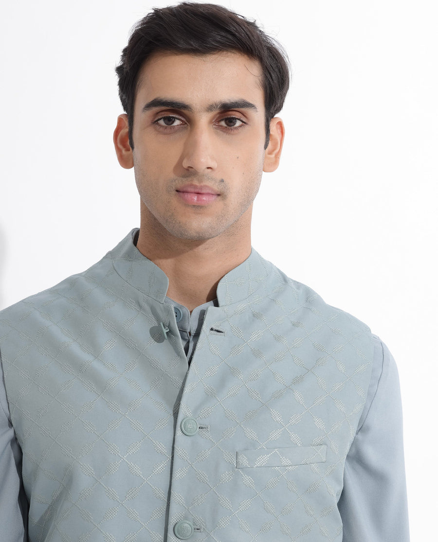 Rare Rabbit Men's Medob Dusky Green Viscose Embroidered Tailored Fit Sleeveless Mandarin Collar Bandhgala Rare Rabbit Men's Lasmos-B1 Beige Viscose Embroidered Regular Fit Sleeveless Mandarin Collar Bandhgala Nehru Jacket