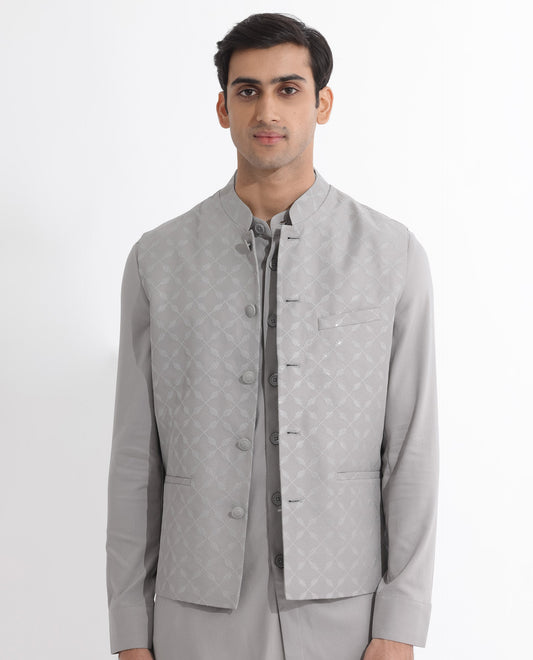 Rare Rabbit Men's Medob Grey Viscose Embroidered Tailored Fit Sleeveless Mandarin Collar Bandhgala Rare Rabbit Men's Lasmos-B1 Beige Viscose Embroidered Regular Fit Sleeveless Mandarin Collar Bandhgala Nehru Jacket