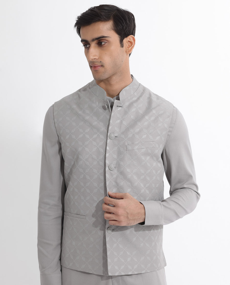 Rare Rabbit Men's Medob Grey Viscose Embroidered Tailored Fit Sleeveless Mandarin Collar Bandhgala Rare Rabbit Men's Lasmos-B1 Beige Viscose Embroidered Regular Fit Sleeveless Mandarin Collar Bandhgala Nehru Jacket