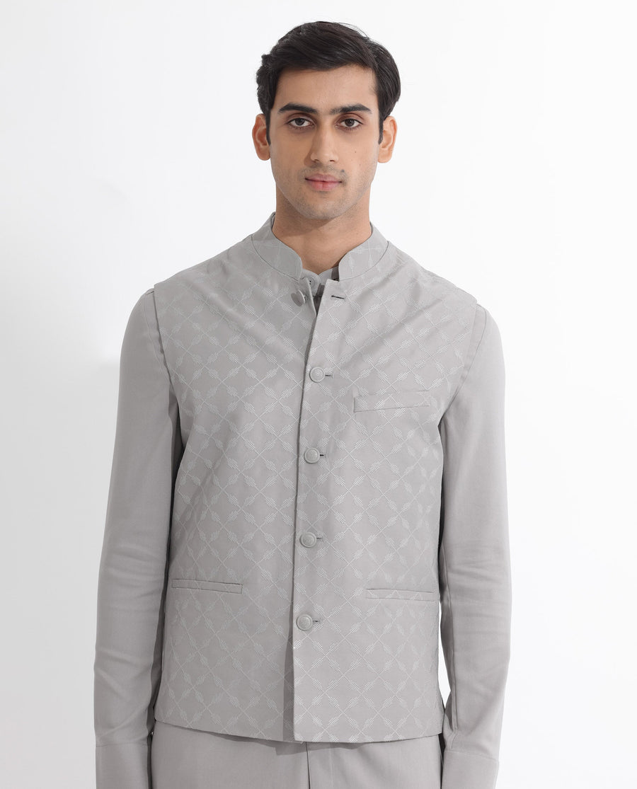 Rare Rabbit Men's Medob Grey Viscose Embroidered Tailored Fit Sleeveless Mandarin Collar Bandhgala Rare Rabbit Men's Lasmos-B1 Beige Viscose Embroidered Regular Fit Sleeveless Mandarin Collar Bandhgala Nehru Jacket