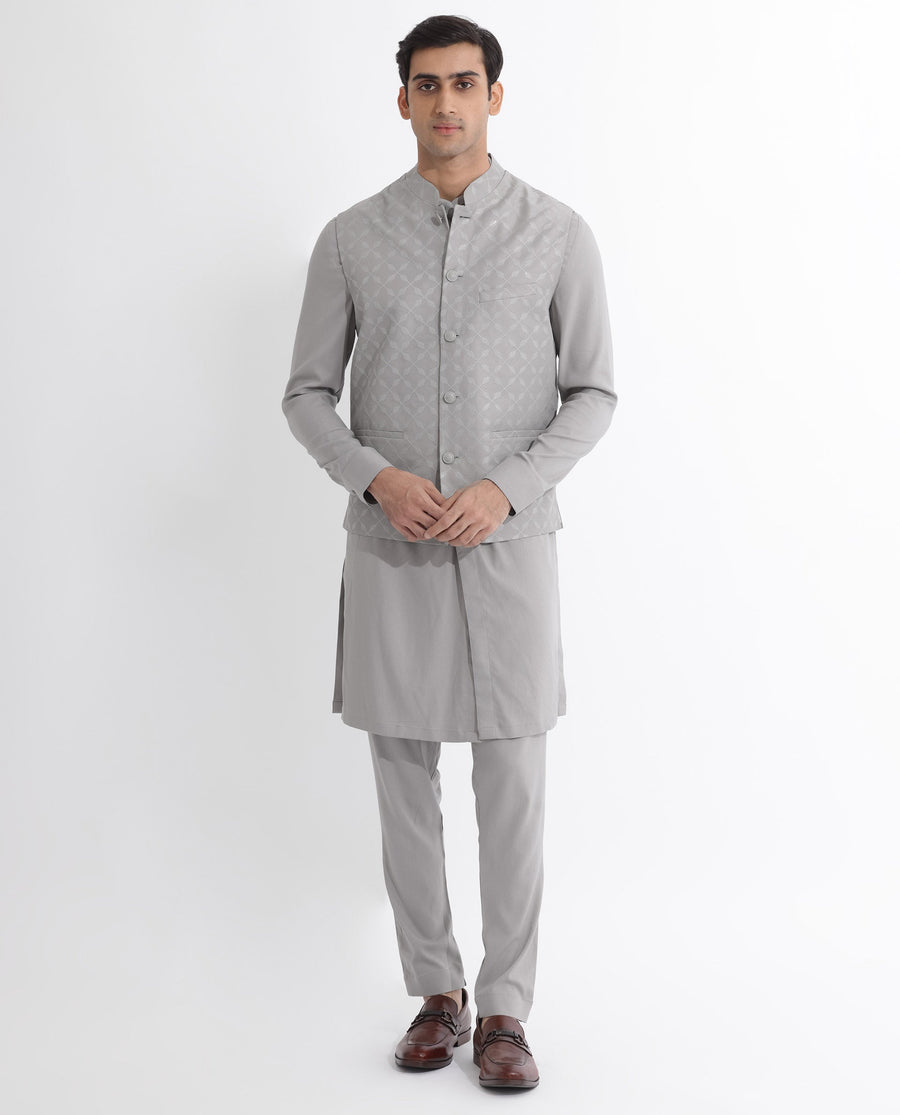 Rare Rabbit Men's Medob Grey Viscose Embroidered Tailored Fit Sleeveless Mandarin Collar Bandhgala Rare Rabbit Men's Lasmos-B1 Beige Viscose Embroidered Regular Fit Sleeveless Mandarin Collar Bandhgala Nehru Jacket