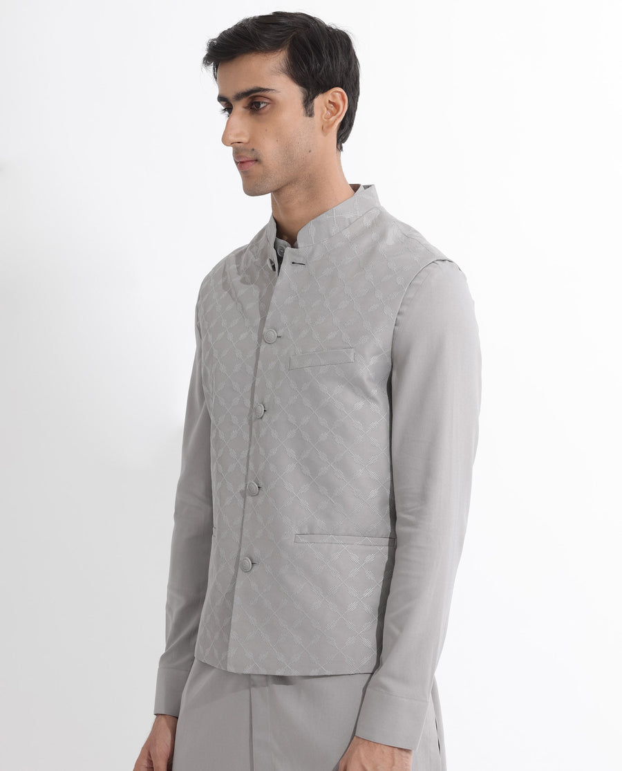 Rare Rabbit Men's Medob Grey Viscose Embroidered Tailored Fit Sleeveless Mandarin Collar Bandhgala Rare Rabbit Men's Lasmos-B1 Beige Viscose Embroidered Regular Fit Sleeveless Mandarin Collar Bandhgala Nehru Jacket