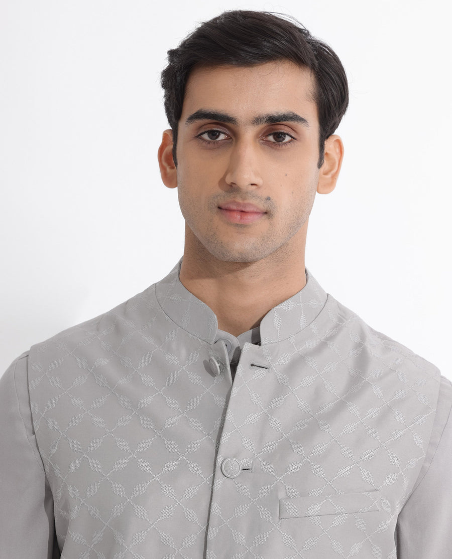Rare Rabbit Men's Medob Grey Viscose Embroidered Tailored Fit Sleeveless Mandarin Collar Bandhgala Rare Rabbit Men's Lasmos-B1 Beige Viscose Embroidered Regular Fit Sleeveless Mandarin Collar Bandhgala Nehru Jacket