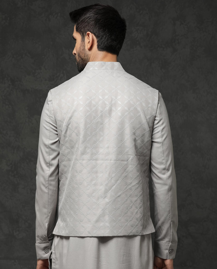 Rare Rabbit Men's Medo Kpb Grey Viscose Embroidered Regular Fit Full Sleeve Mandarin Collar Kurta Suit