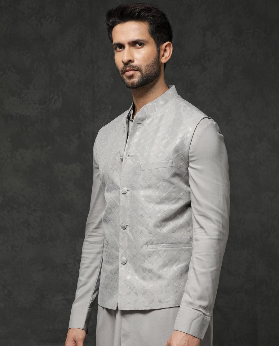 Rare Rabbit Men's Medo Kpb Grey Viscose Embroidered Regular Fit Full Sleeve Mandarin Collar Kurta Suit