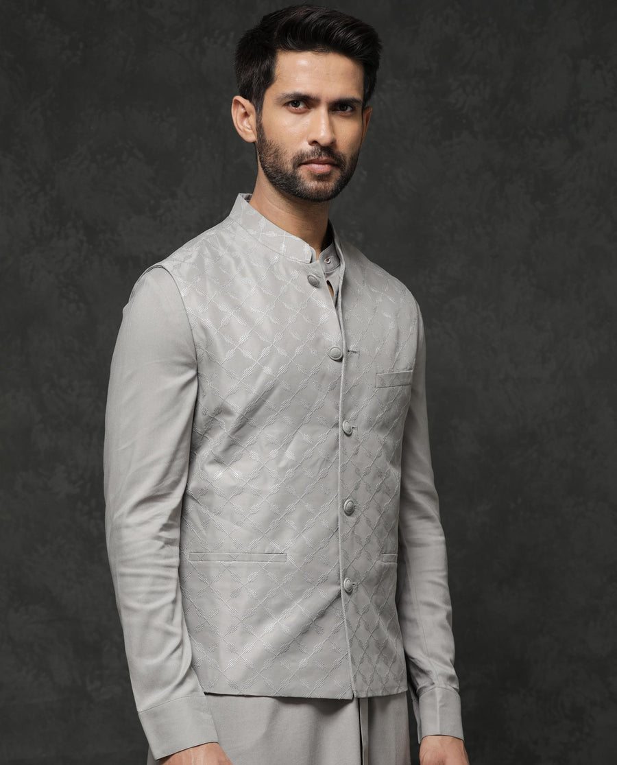 Rare Rabbit Men's Medo Kpb Grey Viscose Embroidered Regular Fit Full Sleeve Mandarin Collar Kurta Suit