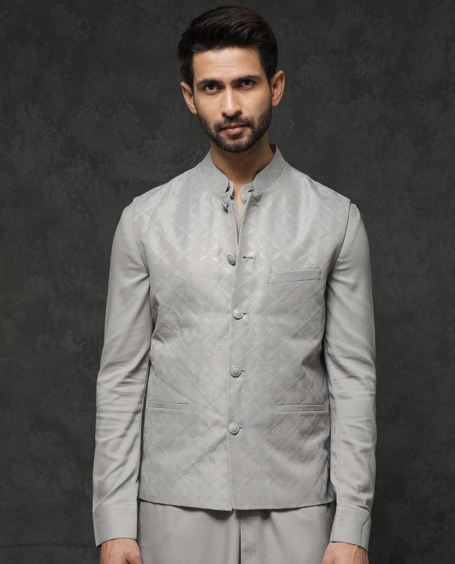 Rare Rabbit Men's Medo Kpb Grey Viscose Embroidered Regular Fit Full Sleeve Mandarin Collar Kurta Suit