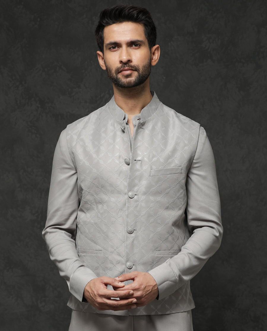Rare Rabbit Men's Medo Kpb Grey Viscose Embroidered Regular Fit Full Sleeve Mandarin Collar Kurta Suit