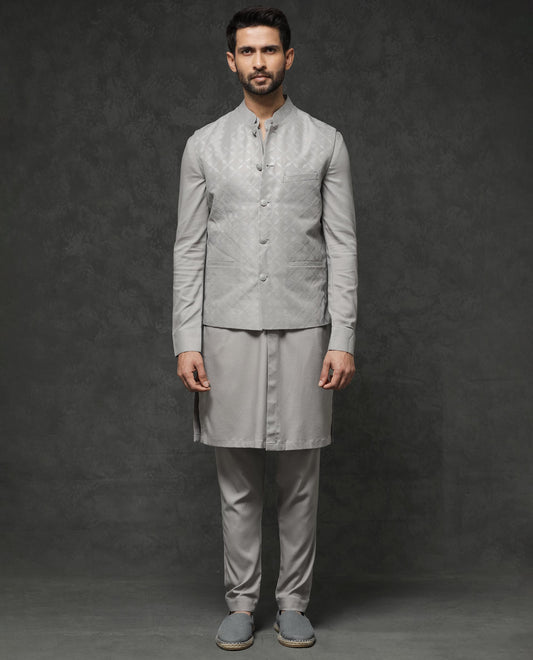 Rare Rabbit Men's Medo Kpb Grey Viscose Embroidered Regular Fit Full Sleeve Mandarin Collar Kurta Suit
