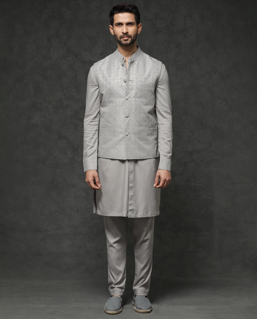 Rare Rabbit Men's Medo Kpb Grey Viscose Embroidered Regular Fit Full Sleeve Mandarin Collar Kurta Suit