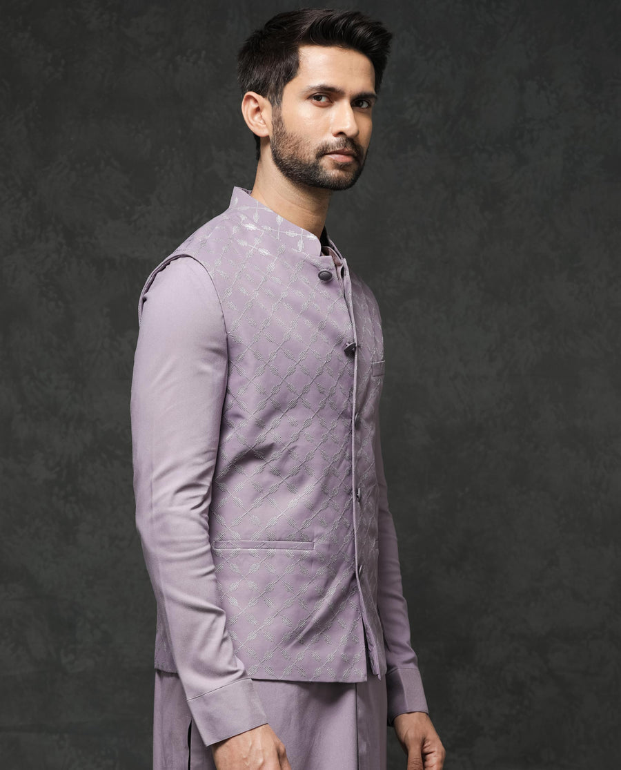 Rare Rabbit Men's Medo-B1 Pastel Purple Viscose Embroidered Tailored Fit Sleeveless Mandarin Collar Bandhgala Rare Rabbit Men's Lasmos-B1 Beige Viscose Embroidered Regular Fit Sleeveless Mandarin Collar Bandhgala Nehru Jacket
