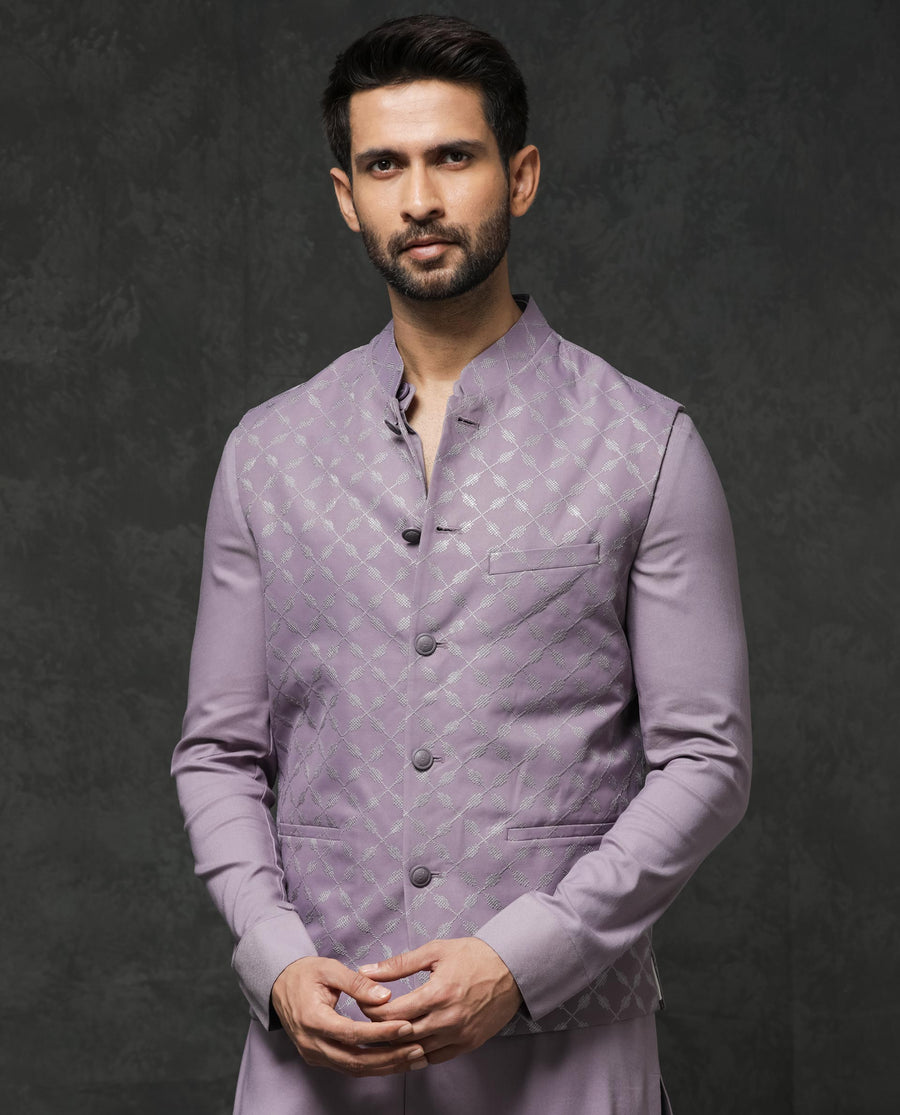 Rare Rabbit Men's Medo-B1 Pastel Purple Viscose Embroidered Tailored Fit Sleeveless Mandarin Collar Bandhgala Rare Rabbit Men's Lasmos-B1 Beige Viscose Embroidered Regular Fit Sleeveless Mandarin Collar Bandhgala Nehru Jacket
