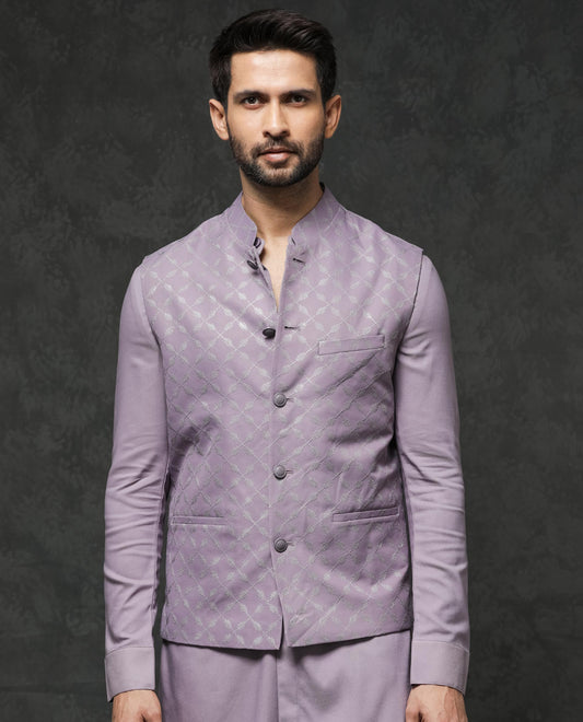 Rare Rabbit Men's Medo-B1 Pastel Purple Viscose Embroidered Tailored Fit Sleeveless Mandarin Collar Bandhgala Rare Rabbit Men's Lasmos-B1 Beige Viscose Embroidered Regular Fit Sleeveless Mandarin Collar Bandhgala Nehru Jacket