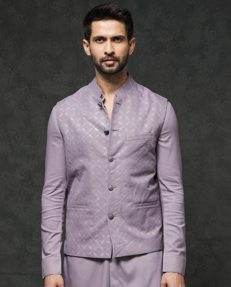 Rare Rabbit Men's Medo-B1 Pastel Purple Viscose Embroidered Tailored Fit Sleeveless Mandarin Collar Bandhgala Rare Rabbit Men's Lasmos-B1 Beige Viscose Embroidered Regular Fit Sleeveless Mandarin Collar Bandhgala Nehru Jacket