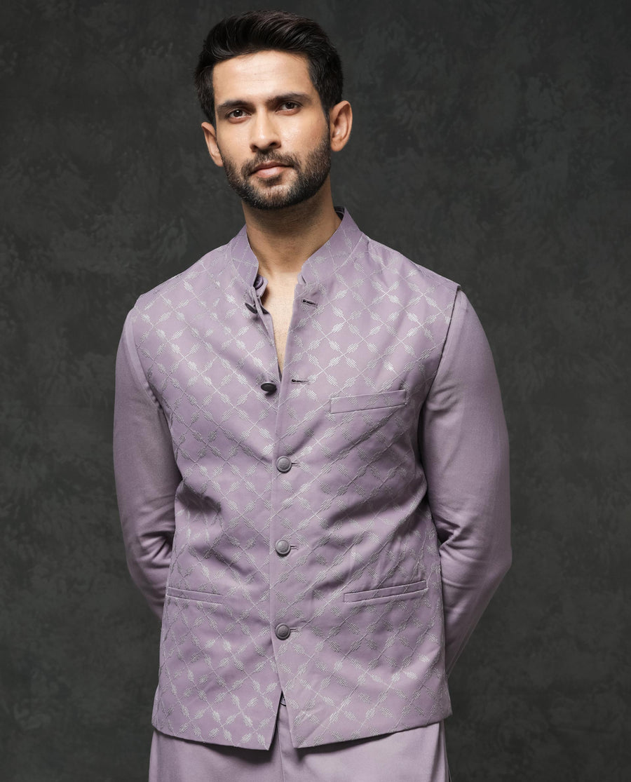 Rare Rabbit Men's Medo-B1 Pastel Purple Viscose Embroidered Tailored Fit Sleeveless Mandarin Collar Bandhgala Rare Rabbit Men's Lasmos-B1 Beige Viscose Embroidered Regular Fit Sleeveless Mandarin Collar Bandhgala Nehru Jacket