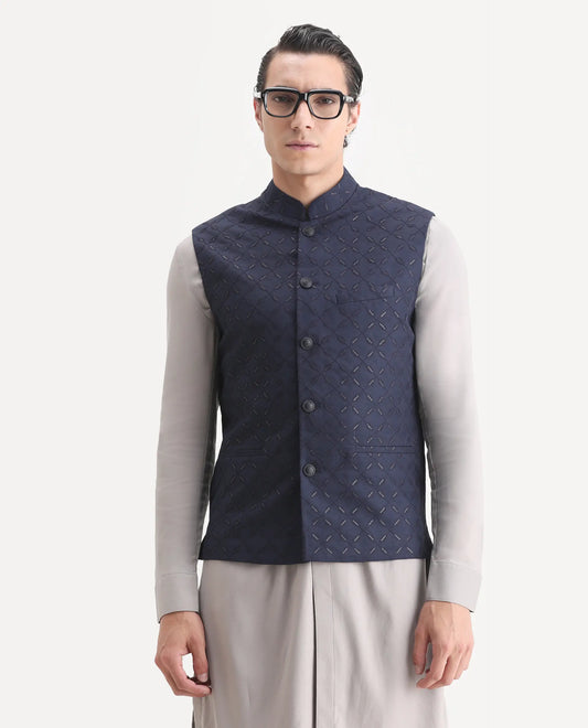 Rare Rabbit Men's Medo-B1 Dark Navy Viscose Embroidered Regular Fit Sleeveless Mandarin Collar Bandhgala Rare Rabbit Men's Lasmos-B1 Beige Viscose Embroidered Regular Fit Sleeveless Mandarin Collar Bandhgala Nehru Jacket