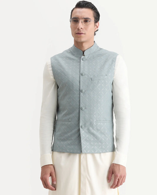 Rare Rabbit Men's Medo B1 Dusky Green Viscose Embroidered Regular Fit Sleeveless Mandarin Collar Bandhgala Rare Rabbit Men's Lasmos-B1 Beige Viscose Embroidered Regular Fit Sleeveless Mandarin Collar Bandhgala Nehru Jacket