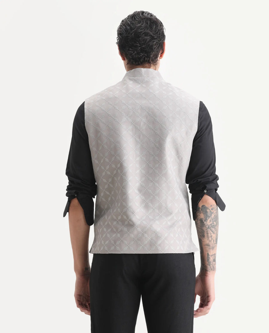 Rare Rabbit Men's Medo-B1 Grey Viscose Embroidered Regular Fit Sleeveless Mandarin Collar Bandhgala Rare Rabbit Men's Lasmos-B1 Beige Viscose Embroidered Regular Fit Sleeveless Mandarin Collar Bandhgala Nehru Jacket