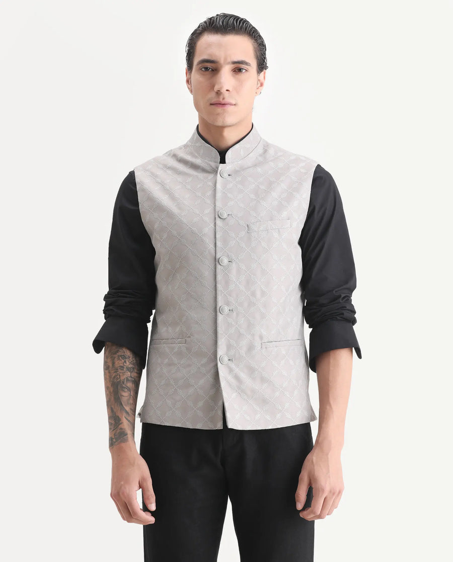 Rare Rabbit Men's Medo-B1 Grey Viscose Embroidered Regular Fit Sleeveless Mandarin Collar Bandhgala Rare Rabbit Men's Lasmos-B1 Beige Viscose Embroidered Regular Fit Sleeveless Mandarin Collar Bandhgala Nehru Jacket