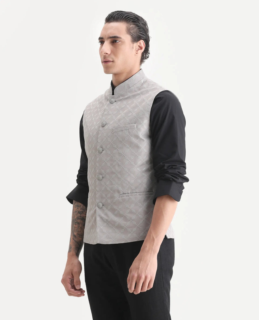 Rare Rabbit Men's Medo-B1 Grey Viscose Embroidered Regular Fit Sleeveless Mandarin Collar Bandhgala Rare Rabbit Men's Lasmos-B1 Beige Viscose Embroidered Regular Fit Sleeveless Mandarin Collar Bandhgala Nehru Jacket