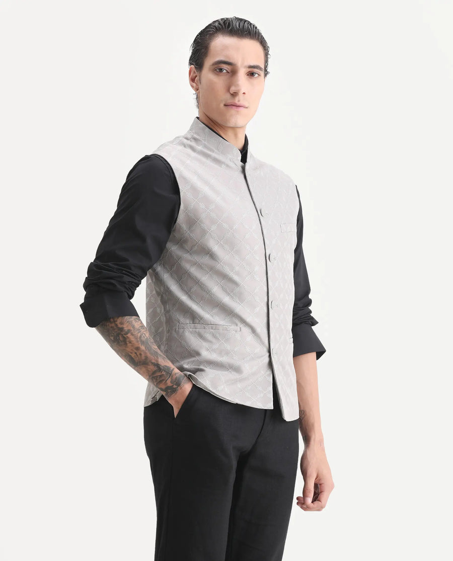 Rare Rabbit Men's Medo-B1 Grey Viscose Embroidered Regular Fit Sleeveless Mandarin Collar Bandhgala Rare Rabbit Men's Lasmos-B1 Beige Viscose Embroidered Regular Fit Sleeveless Mandarin Collar Bandhgala Nehru Jacket