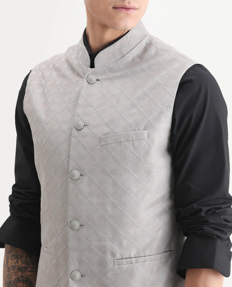 Rare Rabbit Men's Medo-B1 Grey Viscose Embroidered Regular Fit Sleeveless Mandarin Collar Bandhgala Rare Rabbit Men's Lasmos-B1 Beige Viscose Embroidered Regular Fit Sleeveless Mandarin Collar Bandhgala Nehru Jacket