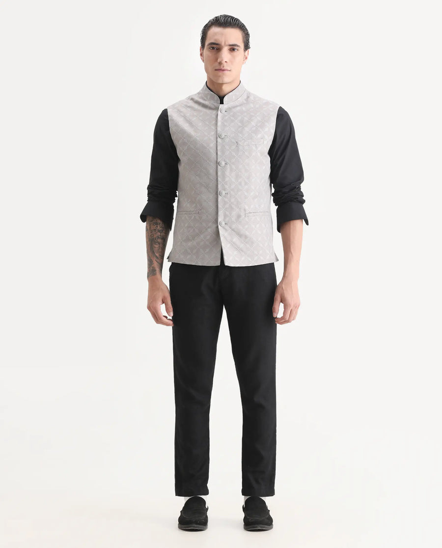 Rare Rabbit Men's Medo-B1 Grey Viscose Embroidered Regular Fit Sleeveless Mandarin Collar Bandhgala Rare Rabbit Men's Lasmos-B1 Beige Viscose Embroidered Regular Fit Sleeveless Mandarin Collar Bandhgala Nehru Jacket