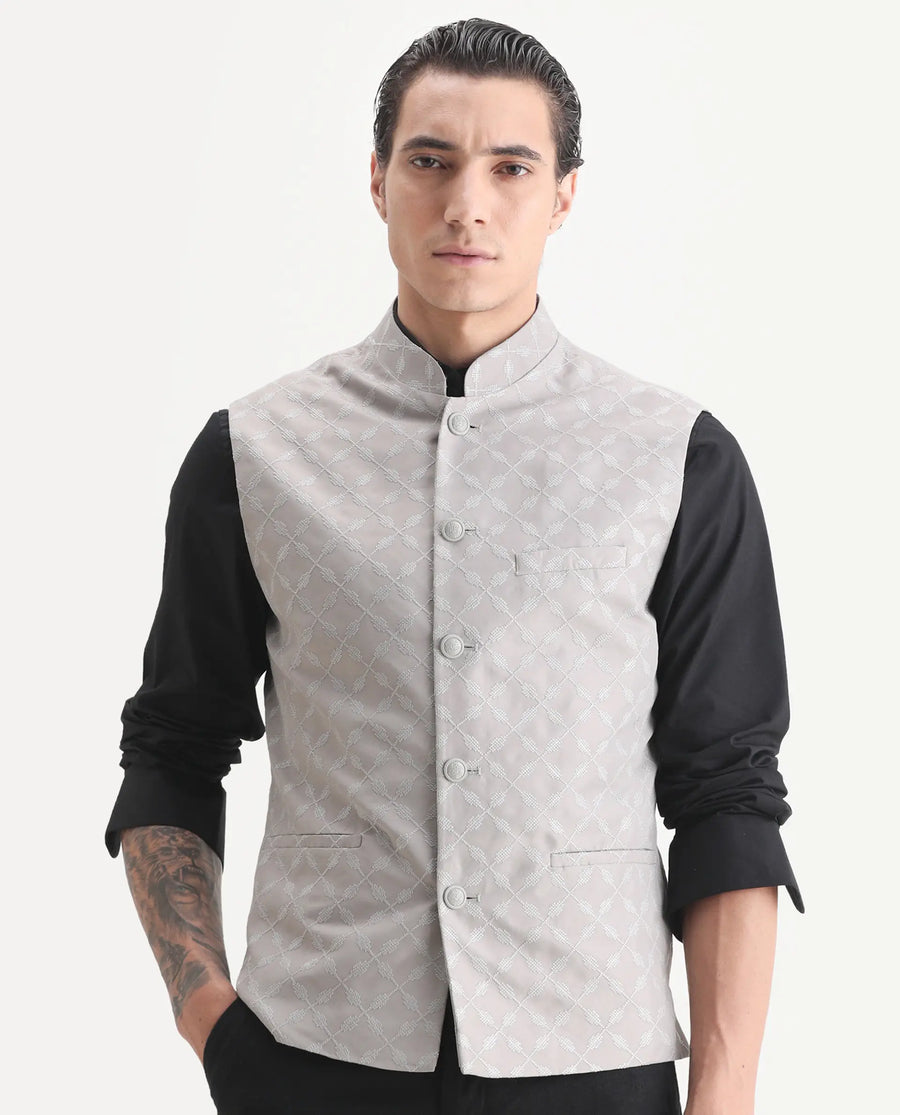 Rare Rabbit Men's Medo-B1 Grey Viscose Embroidered Regular Fit Sleeveless Mandarin Collar Bandhgala Rare Rabbit Men's Lasmos-B1 Beige Viscose Embroidered Regular Fit Sleeveless Mandarin Collar Bandhgala Nehru Jacket