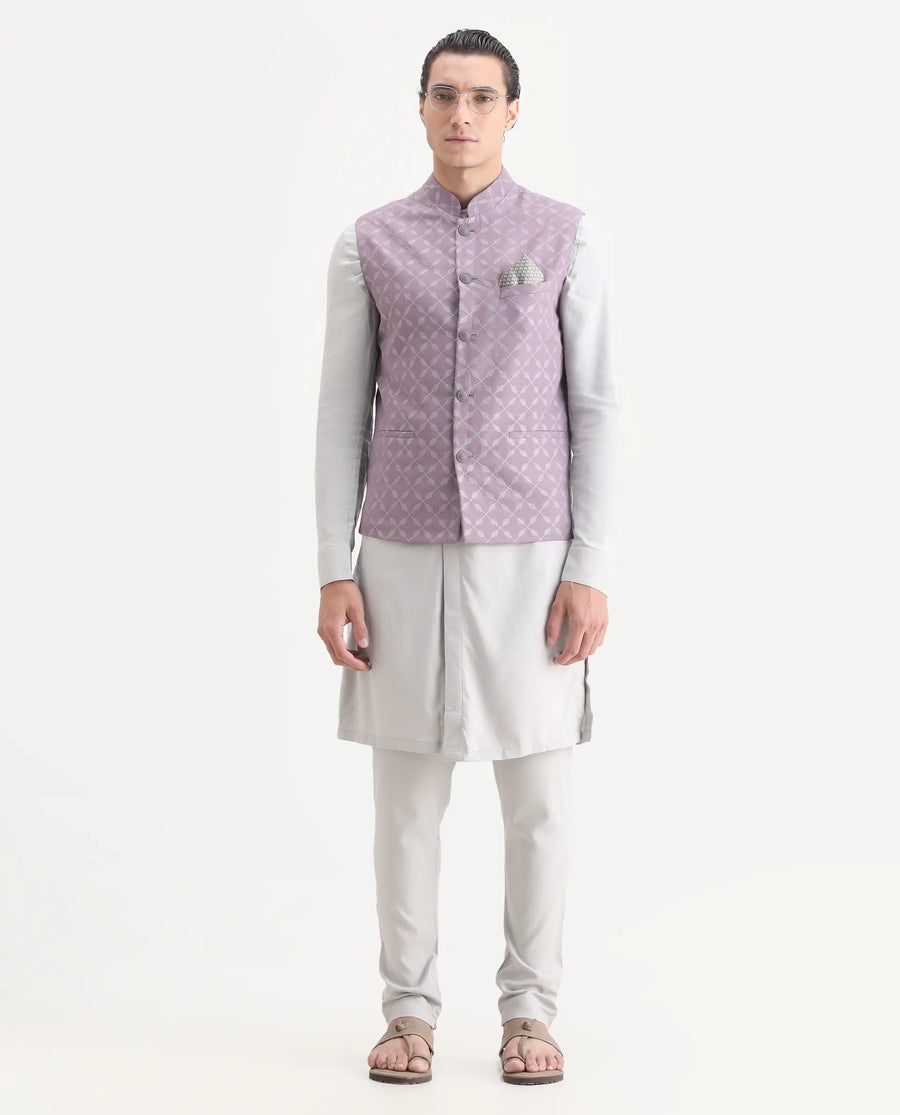Rare Rabbit Men's Medob Pastel Purple Viscose Embroidered Tailored Fit Sleeveless Mandarin Collar Bandhgala Rare Rabbit Men's Lasmos-B1 Beige Viscose Embroidered Regular Fit Sleeveless Mandarin Collar Bandhgala Nehru Jacket