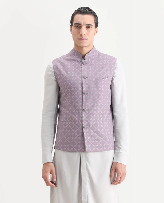 Rare Rabbit Men's Medob Pastel Purple Viscose Embroidered Tailored Fit Sleeveless Mandarin Collar Bandhgala Rare Rabbit Men's Lasmos-B1 Beige Viscose Embroidered Regular Fit Sleeveless Mandarin Collar Bandhgala Nehru Jacket