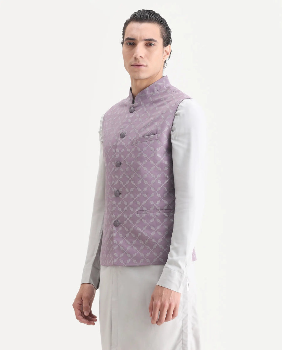 Rare Rabbit Men's Medob Pastel Purple Viscose Embroidered Tailored Fit Sleeveless Mandarin Collar Bandhgala Rare Rabbit Men's Lasmos-B1 Beige Viscose Embroidered Regular Fit Sleeveless Mandarin Collar Bandhgala Nehru Jacket