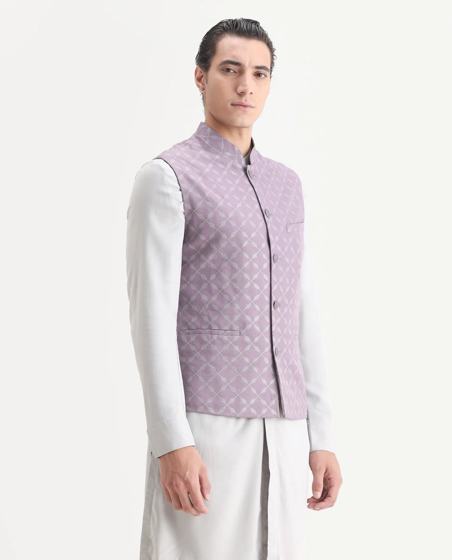 Rare Rabbit Men's Medob Pastel Purple Viscose Embroidered Tailored Fit Sleeveless Mandarin Collar Bandhgala Rare Rabbit Men's Lasmos-B1 Beige Viscose Embroidered Regular Fit Sleeveless Mandarin Collar Bandhgala Nehru Jacket