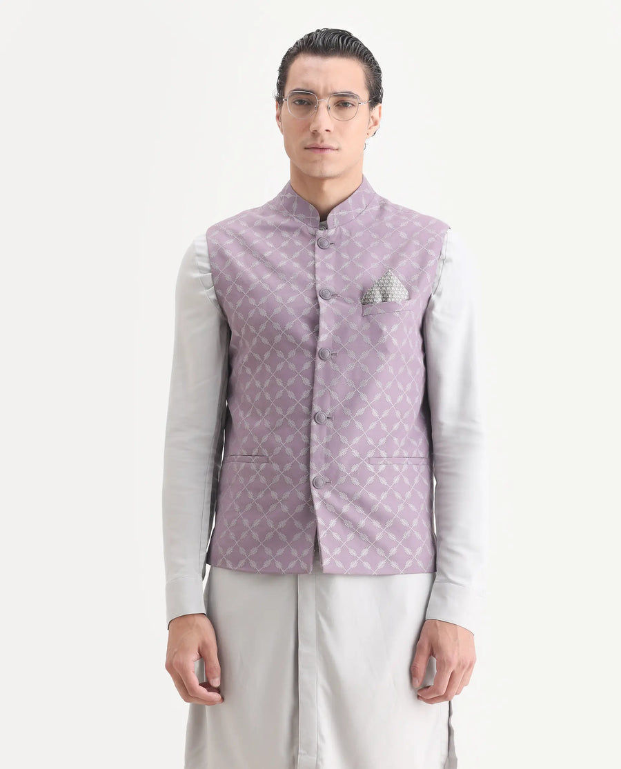 Rare Rabbit Men's Medob Pastel Purple Viscose Embroidered Tailored Fit Sleeveless Mandarin Collar Bandhgala Rare Rabbit Men's Lasmos-B1 Beige Viscose Embroidered Regular Fit Sleeveless Mandarin Collar Bandhgala Nehru Jacket