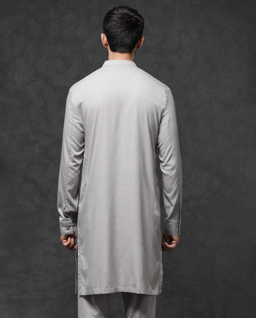 Rare Rabbit Men's Medo Kpb Grey Viscose Embroidered Regular Fit Full Sleeve Mandarin Collar Kurta Suit