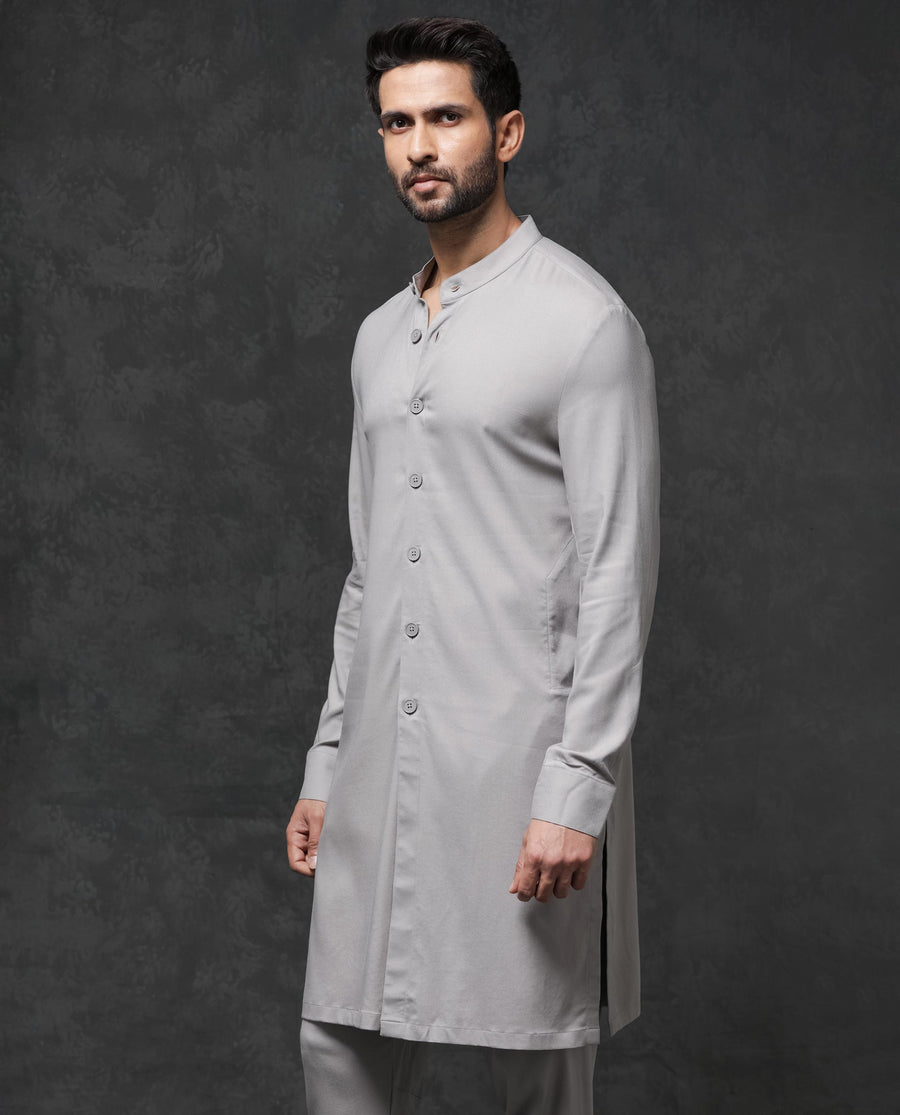 Rare Rabbit Men's Medo Kpb Grey Viscose Embroidered Regular Fit Full Sleeve Mandarin Collar Kurta Suit