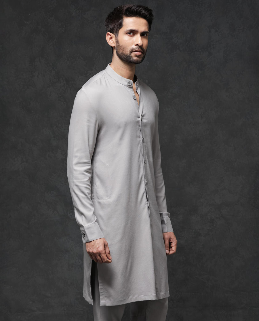 Rare Rabbit Men's Medo Kpb Grey Viscose Embroidered Regular Fit Full Sleeve Mandarin Collar Kurta Suit