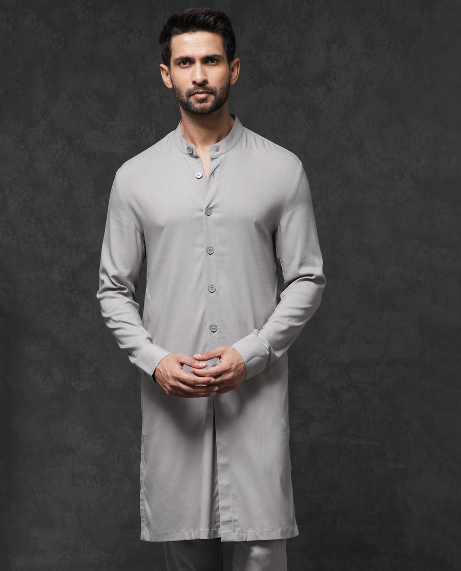 Rare Rabbit Men's Medo Kpb Grey Viscose Embroidered Regular Fit Full Sleeve Mandarin Collar Kurta Suit