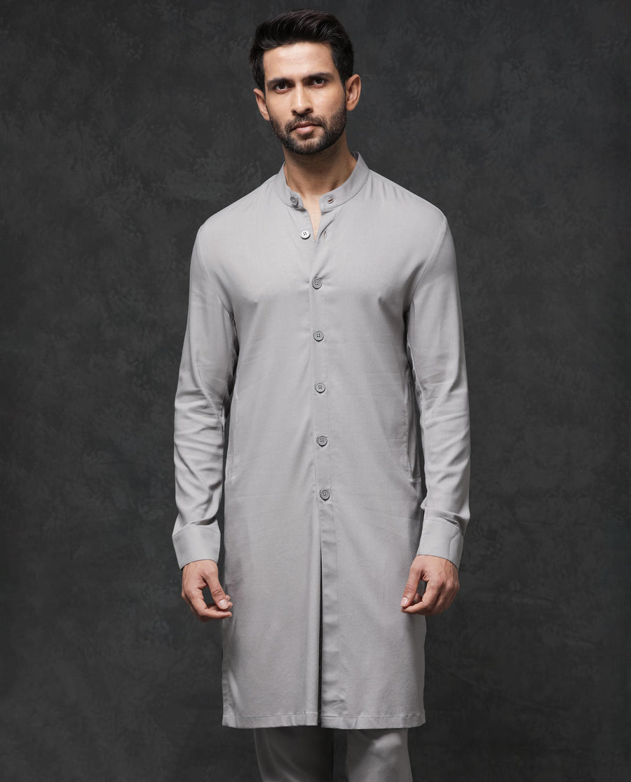 Rare Rabbit Men's Medo Kpb Grey Viscose Embroidered Regular Fit Full Sleeve Mandarin Collar Kurta Suit