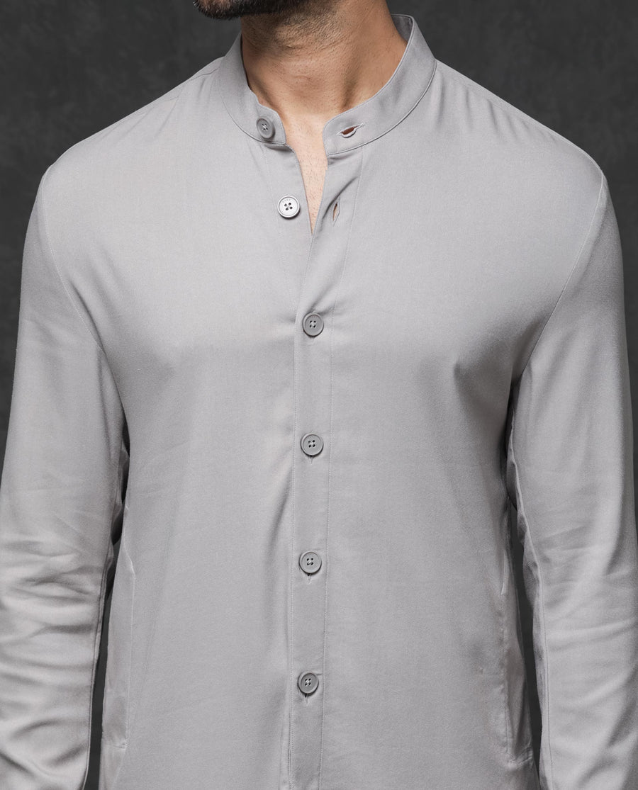 Rare Rabbit Men's Medo Kpb Grey Viscose Embroidered Regular Fit Full Sleeve Mandarin Collar Kurta Suit